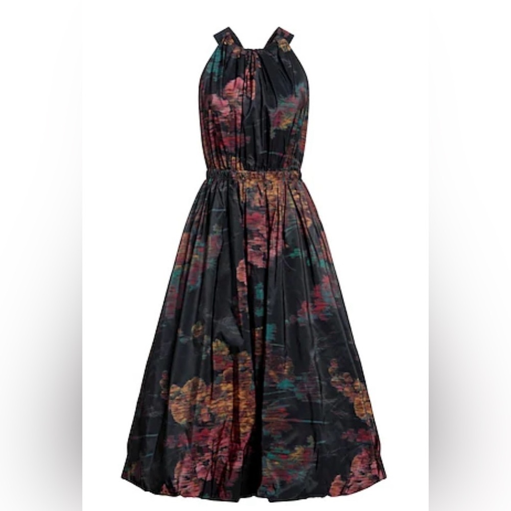 Guc Ulla Johnson- Leyna Bubble-Hem Midi Dress In Deep Navy Blue Print. Size 10
